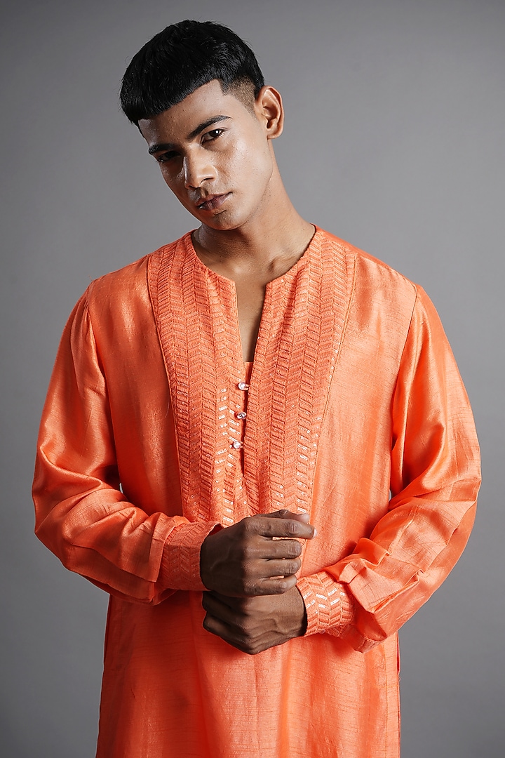 Orange Dola Silk Sequins Embroidered Kurta by Ritambh at Pernia's Pop Up Shop