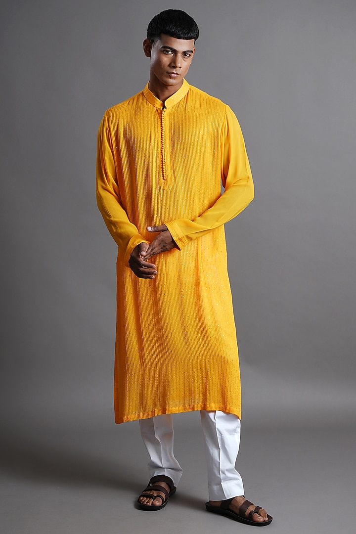 Marigold Yellow Georgette Sequins Embroidered Kurta by Ritambh at Pernia's Pop Up Shop