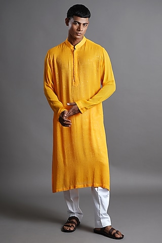 Marigold Yellow Georgette Sequins Embroidered Kurta by Ritambh