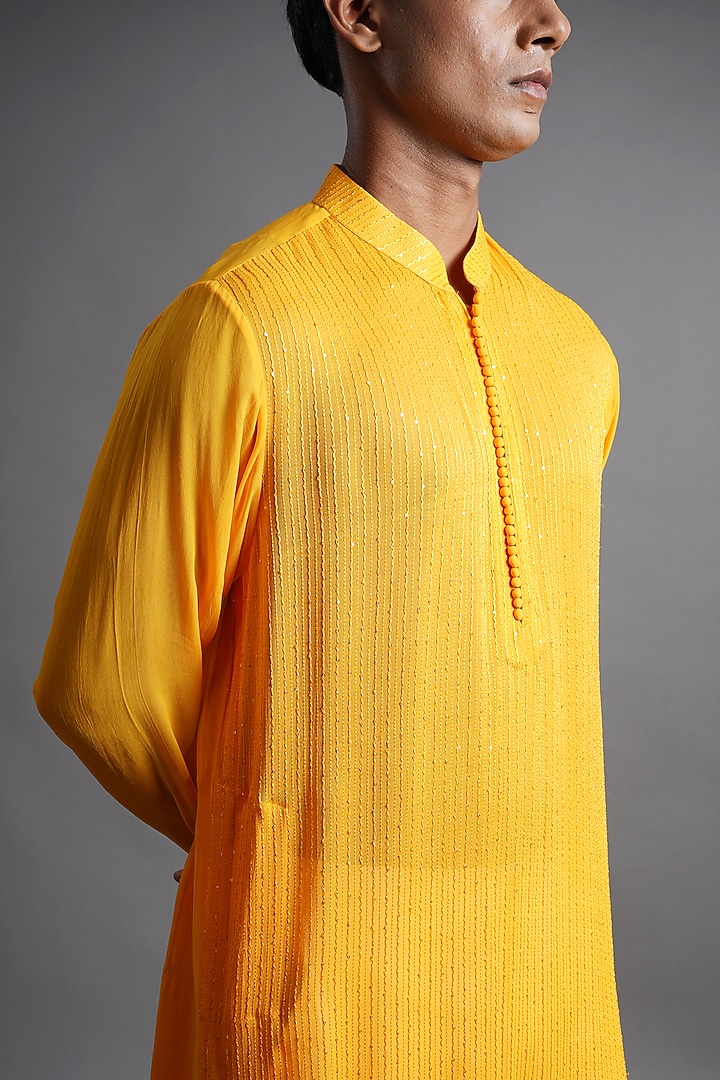 Marigold Yellow Georgette Sequins Embroidered Kurta by Ritambh at Pernia's Pop Up Shop