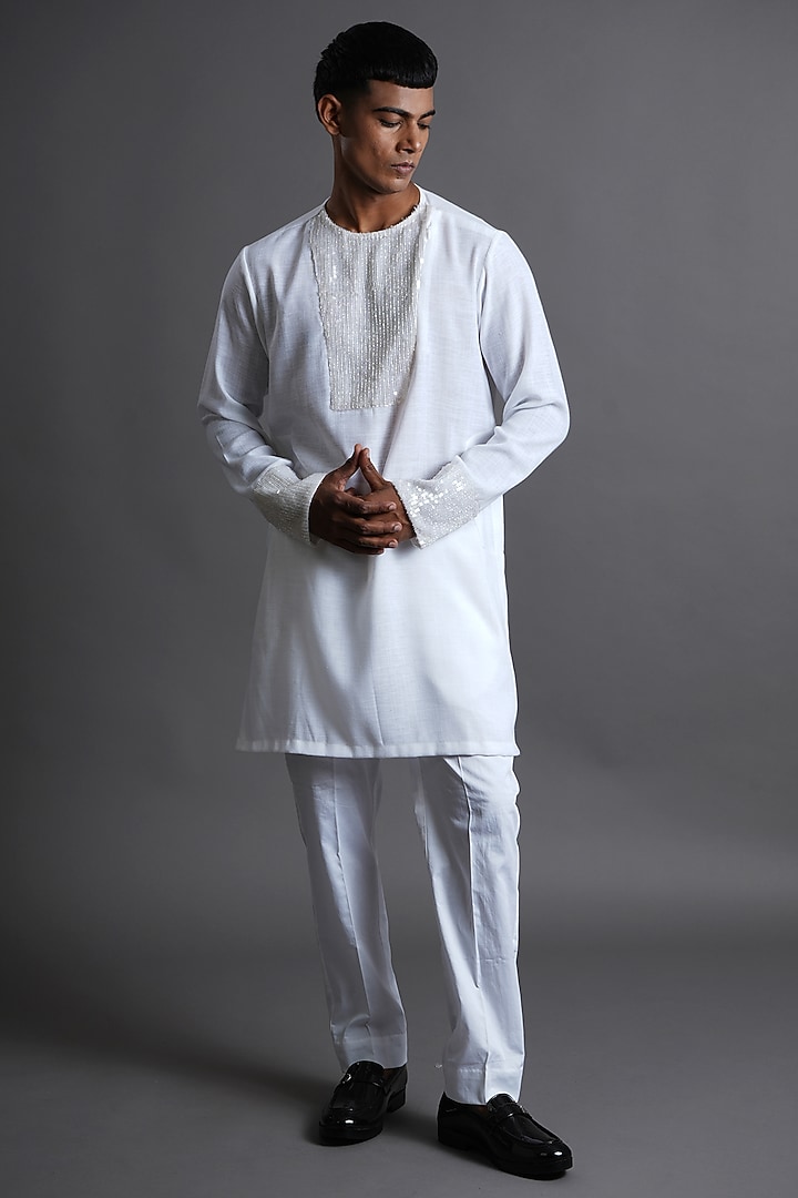 Pristine White Linen Hand Embroidered Kurta by Ritambh at Pernia's Pop Up Shop