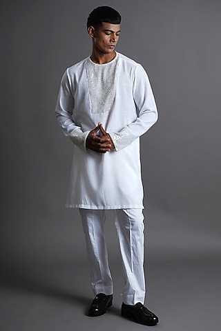 Pristine White Linen Hand Embroidered Kurta by Ritambh