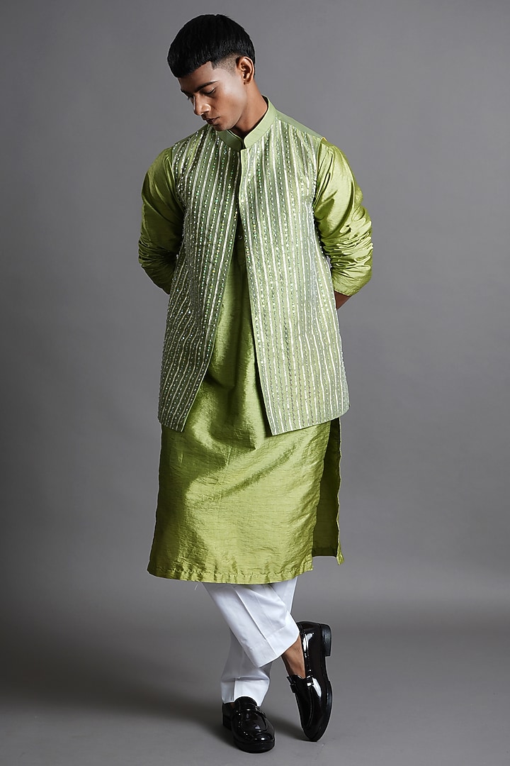 Green Dupion Silk Sequin Embellished Bundi Jacket Set by Ritambh at Pernia's Pop Up Shop