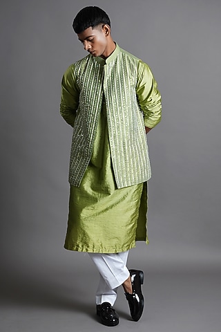 Green Dupion Silk Sequin Embellished Bundi Jacket Set by Ritambh