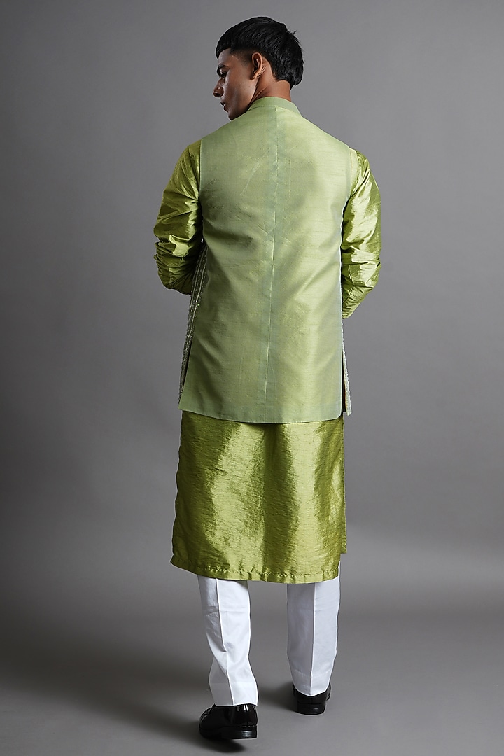 Green Dupion Silk Sequin Embellished Bundi Jacket Set by Ritambh at Pernia's Pop Up Shop