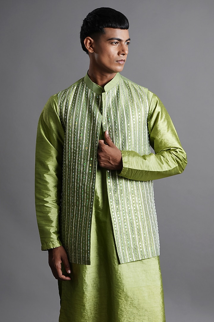Green Dupion Silk Sequin Embellished Bundi Jacket Set by Ritambh at Pernia's Pop Up Shop