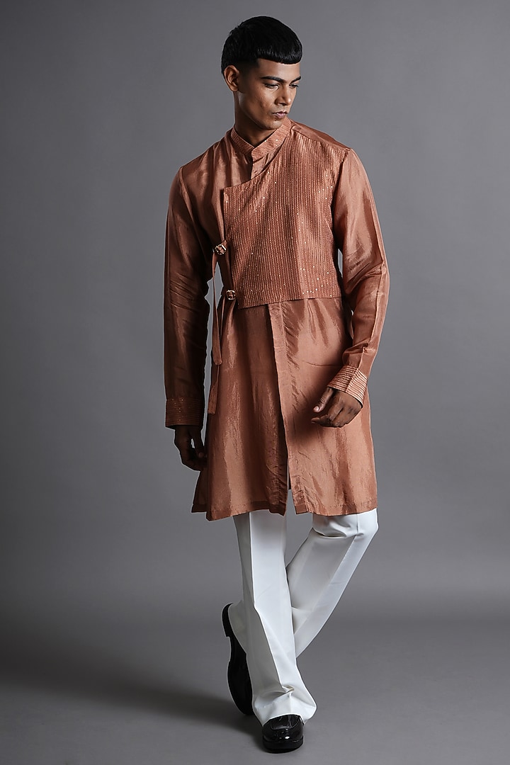Cinnamon Brown Upada Silk Embellished Overlapped Kurta by Ritambh at Pernia's Pop Up Shop