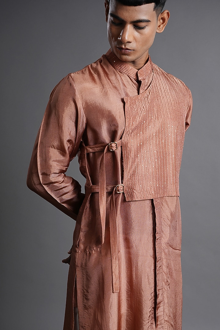 Cinnamon Brown Upada Silk Embellished Overlapped Kurta by Ritambh at Pernia's Pop Up Shop