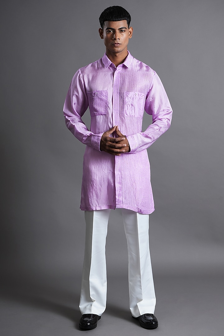 Pale Purple Upada Silk Sequins Embroidered Kurta by Ritambh at Pernia's Pop Up Shop