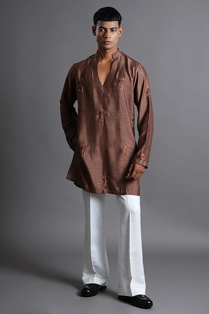 Brown Dupion Silk Hand Embroidered Kurta by Ritambh at Pernia's Pop Up Shop