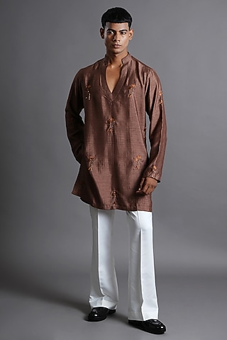 Brown Dupion Silk Hand Embroidered Kurta by Ritambh