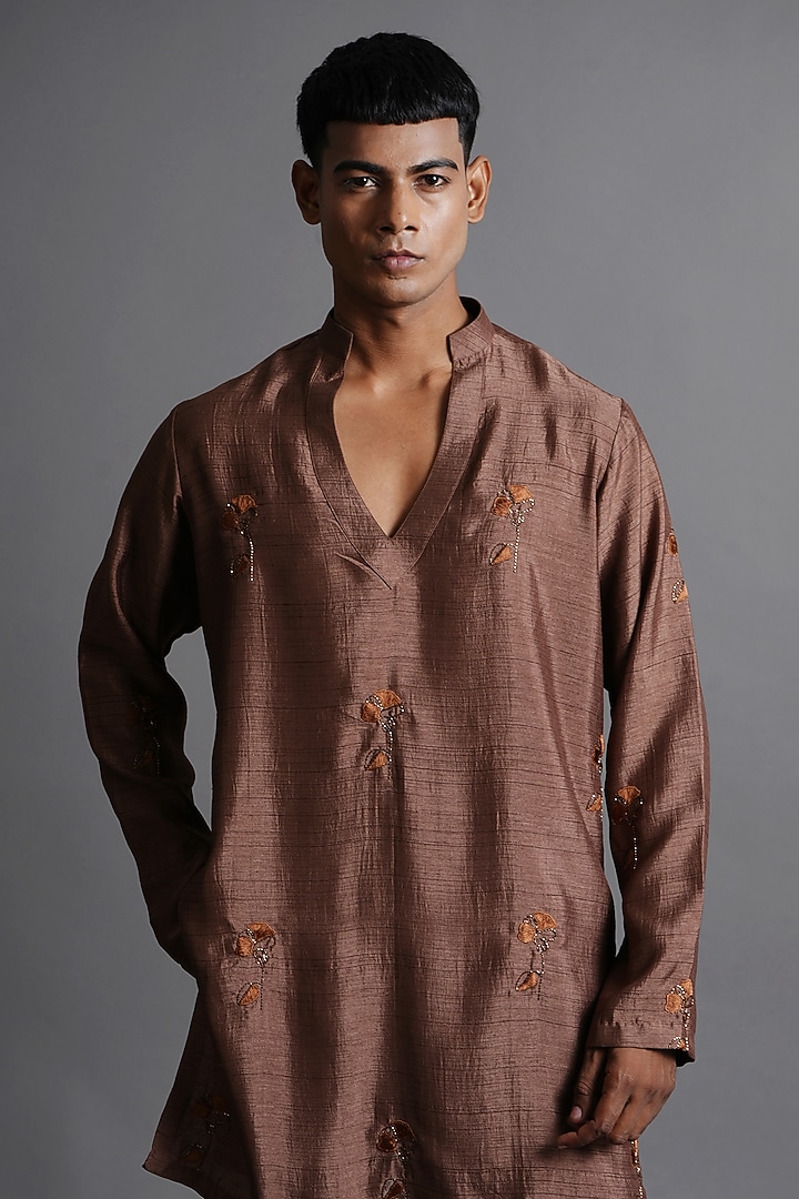 Brown Dupion Silk Hand Embroidered Kurta by Ritambh at Pernia's Pop Up Shop