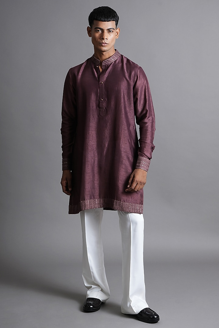 Wine Dola Silk Sequins Embroidered Kurta by Ritambh at Pernia's Pop Up Shop