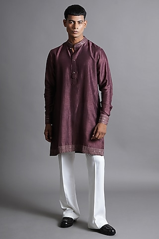 Wine Dola Silk Sequins Embroidered Kurta by Ritambh