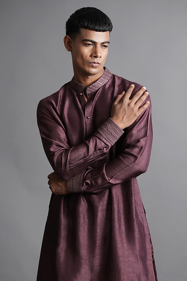 Wine Dola Silk Sequins Embroidered Kurta by Ritambh at Pernia's Pop Up Shop
