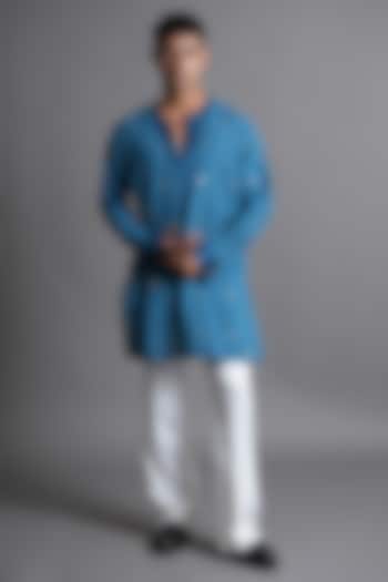 Blue Cotton Lurex Blend Thread Work Kurta by Ritambh at Pernia's Pop Up Shop