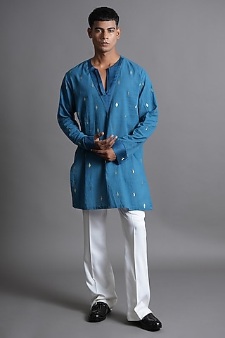 Blue Cotton Lurex Blend Thread Work Kurta by Ritambh