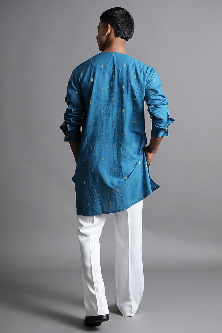 Blue Cotton Lurex Blend Thread Work Kurta by Ritambh at Pernia's Pop Up Shop