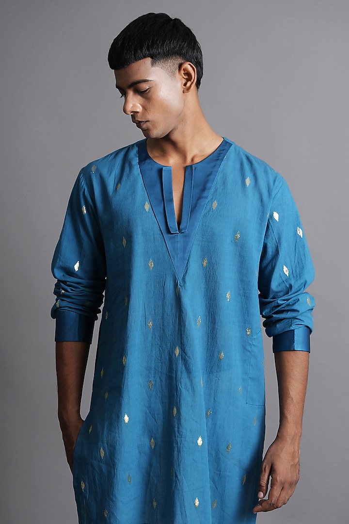 Blue Cotton Lurex Blend Thread Work Kurta by Ritambh at Pernia's Pop Up Shop