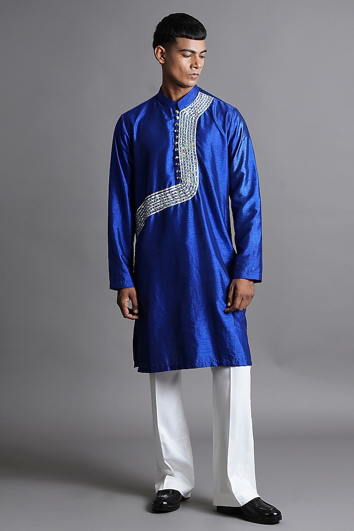 Blue Dupion Silk Sequin Embellished Kurta by Ritambh at Pernia's Pop Up Shop