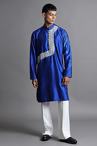 Blue Dupion Silk Sequin Embellished Kurta by Ritambh