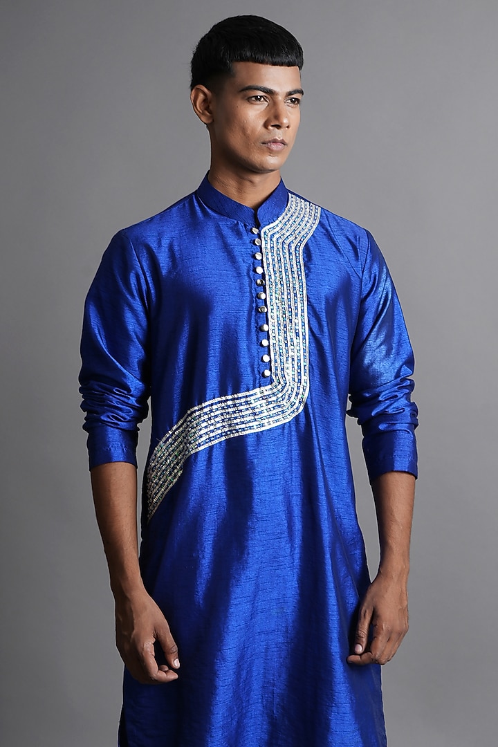 Blue Dupion Silk Sequin Embellished Kurta by Ritambh at Pernia's Pop Up Shop