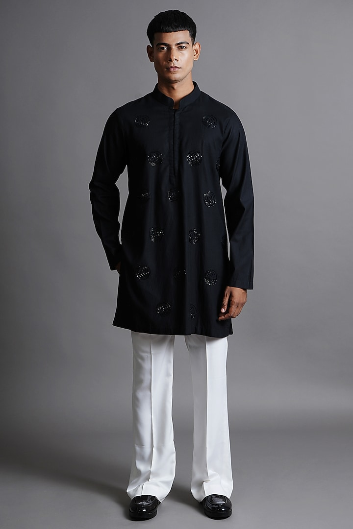Black Cotton Hand Embroidered Kurta by Ritambh at Pernia's Pop Up Shop