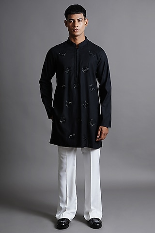 Black Cotton Hand Embroidered Kurta by Ritambh