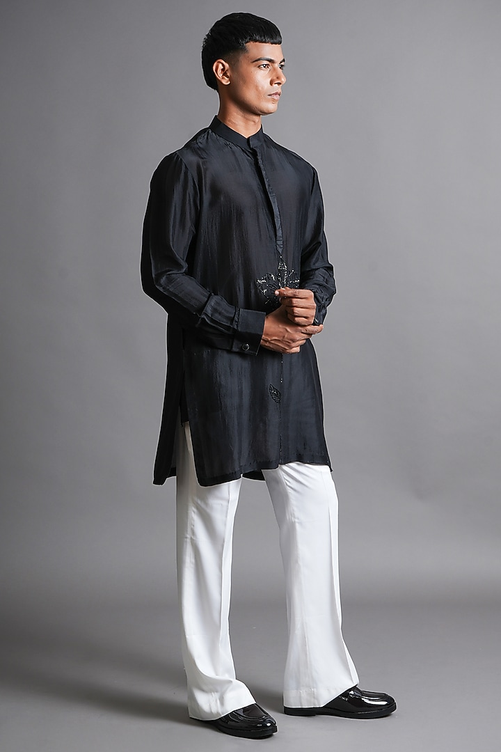Black Upada Silk Hand Embroidered Kurta by Ritambh at Pernia's Pop Up Shop