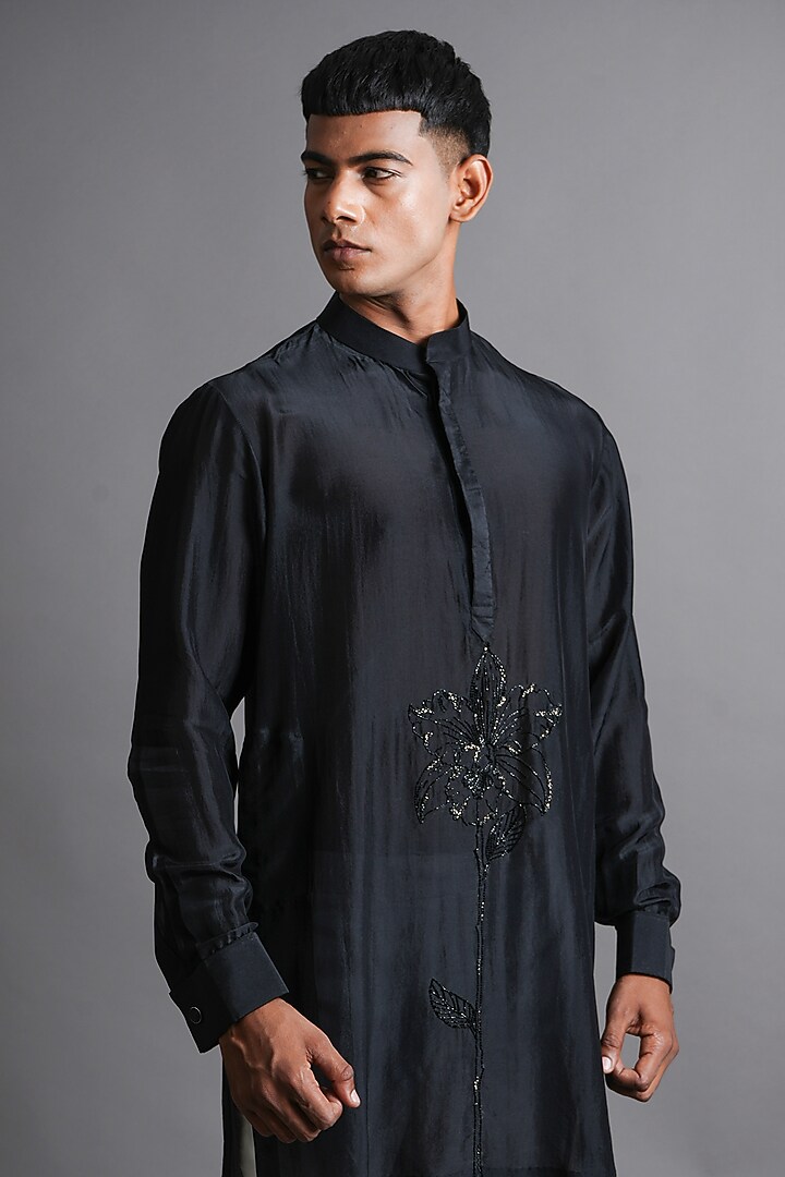 Black Upada Silk Hand Embroidered Kurta by Ritambh at Pernia's Pop Up Shop