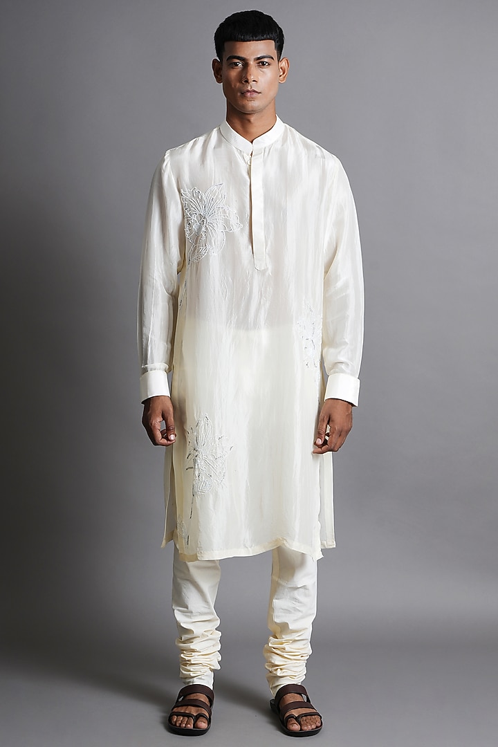 White Upada Silk Embroidered Kurta Set by Ritambh at Pernia's Pop Up Shop