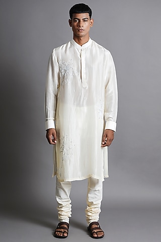 White Upada Silk Embroidered Kurta Set by Ritambh