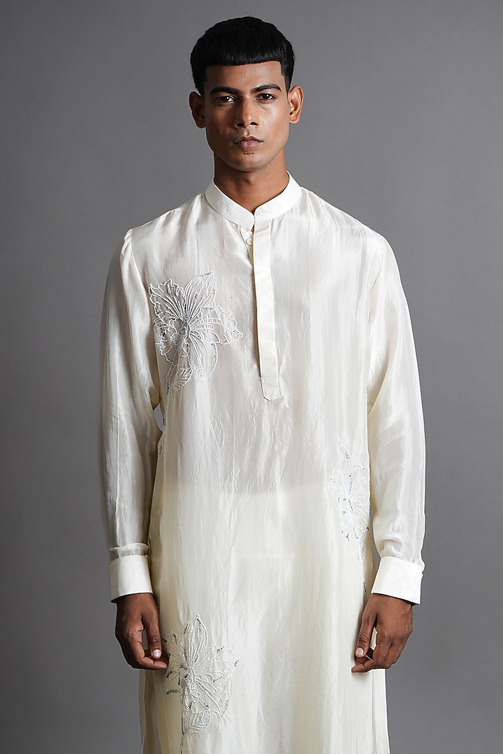 White Upada Silk Embroidered Kurta Set by Ritambh at Pernia's Pop Up Shop