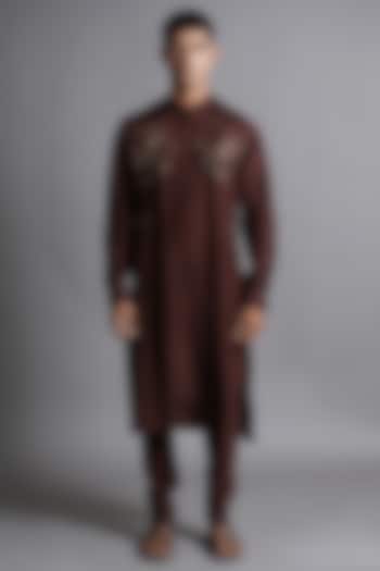 Brown Upada Silk Embroidered Kurta Set by Ritambh at Pernia's Pop Up Shop