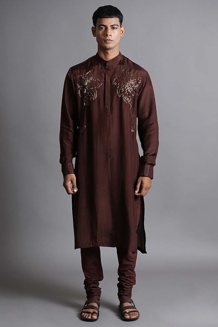 Brown Upada Silk Embroidered Kurta Set by Ritambh at Pernia's Pop Up Shop
