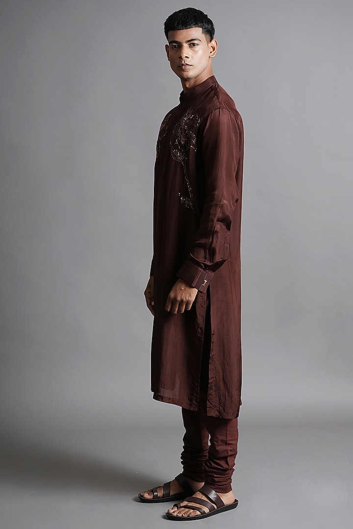 Brown Upada Silk Embroidered Kurta Set by Ritambh at Pernia's Pop Up Shop