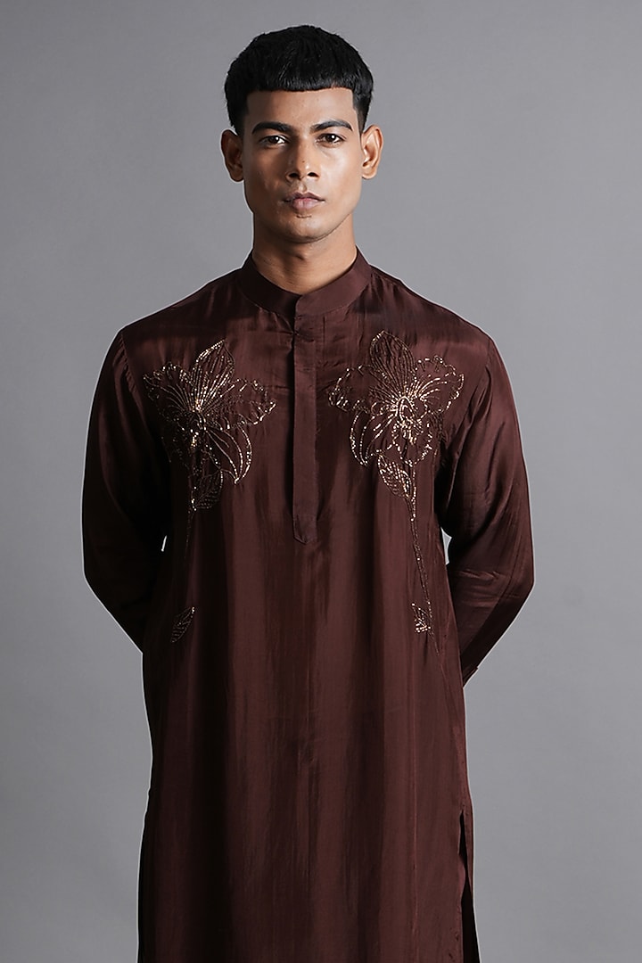 Brown Upada Silk Embroidered Kurta Set by Ritambh at Pernia's Pop Up Shop