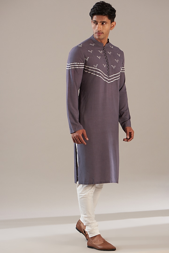 Grey Cotton Modal Embellished Kurta by Ritambh