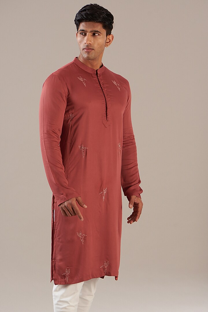 Rust Silk Modal Embroidered Kurta Set by Ritambh at Pernia's Pop Up Shop