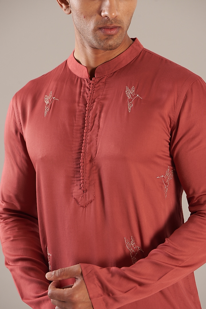 Rust Silk Modal Embroidered Kurta Set by Ritambh at Pernia's Pop Up Shop