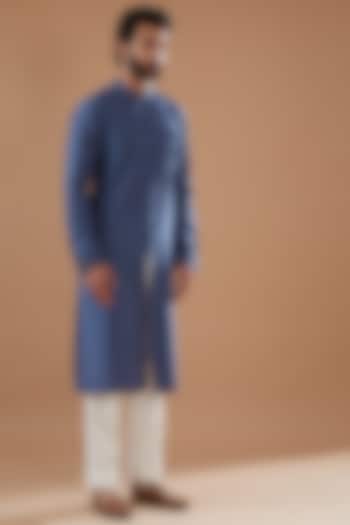 Blue Cotton Silk Embroidered Kurta Set by Ritambh at Pernia's Pop Up Shop