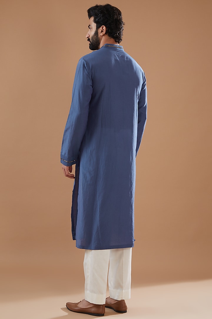 Blue Cotton Silk Embroidered Kurta Set by Ritambh at Pernia's Pop Up Shop