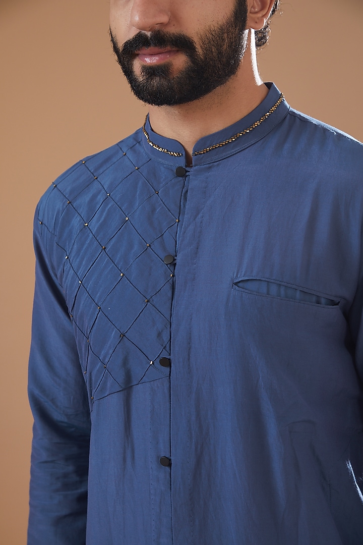 Blue Cotton Silk Embroidered Kurta Set by Ritambh at Pernia's Pop Up Shop