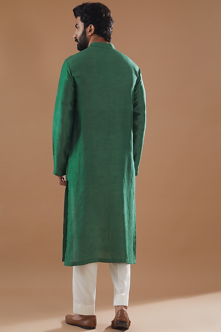Emerald Green Dupion Silk Embroidered Kurta Set by Ritambh at Pernia's Pop Up Shop