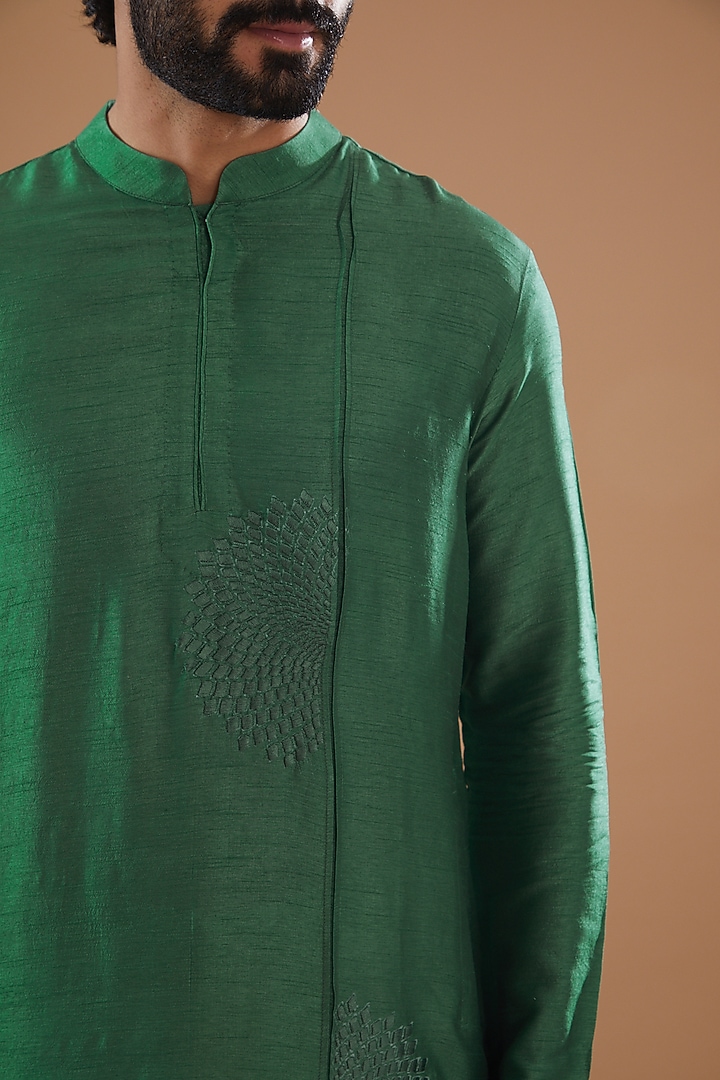 Emerald Green Dupion Silk Embroidered Kurta Set by Ritambh at Pernia's Pop Up Shop