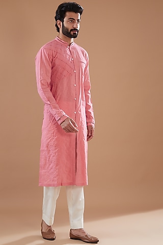 Pink Cotton Silk Embellished Kurta Set by Ritambh