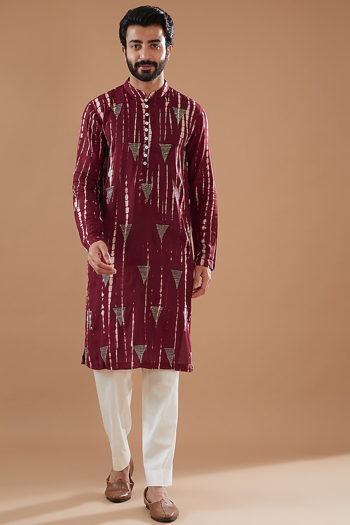 Maroon Silk Modal Tie-Dye Kurta Set by Ritambh