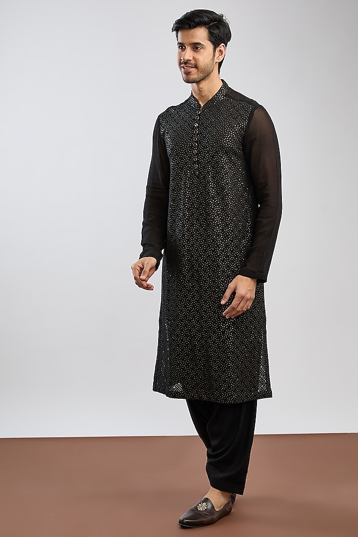 Black Viscose Georgette Thread Embroidered Kurta by Ritambh