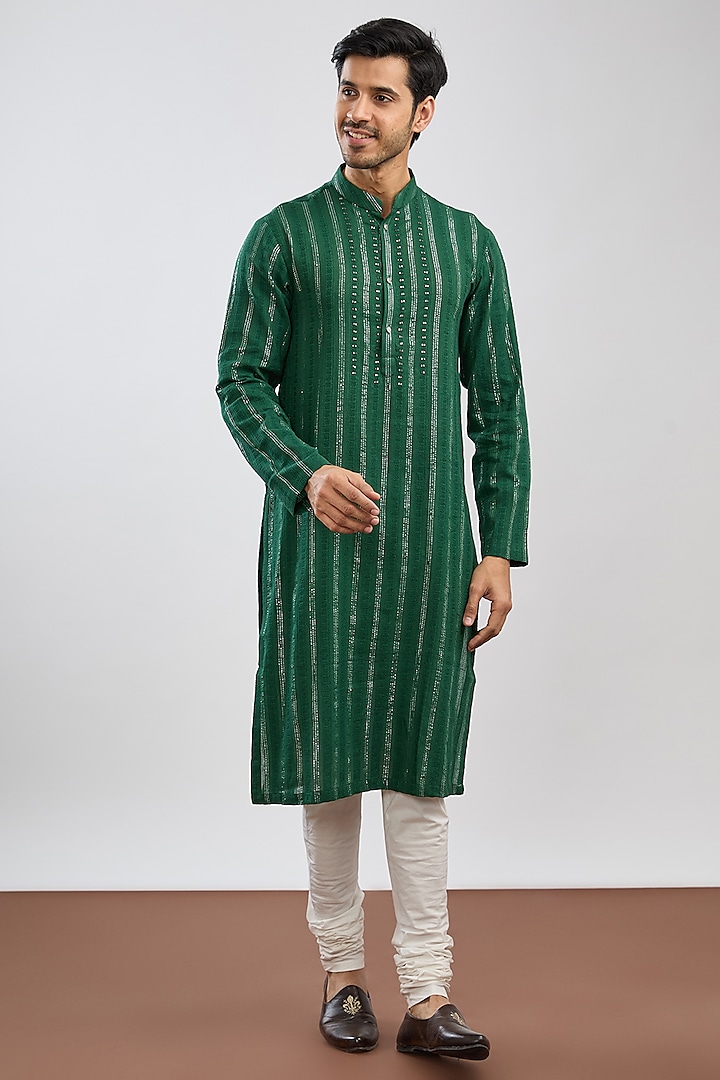 Bottle Green Cotton Lurex Kurta by Ritambh