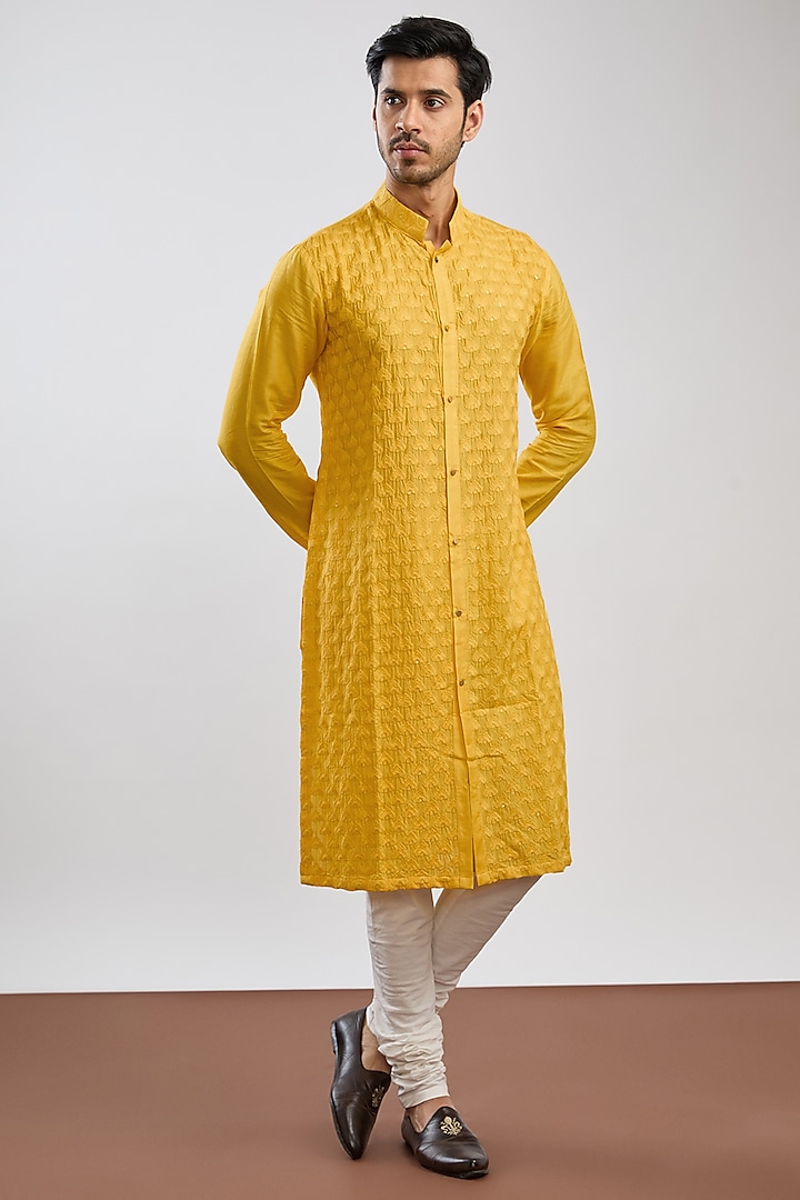 Yellow Dola Silk Thread Embroidered Kurta by Ritambh